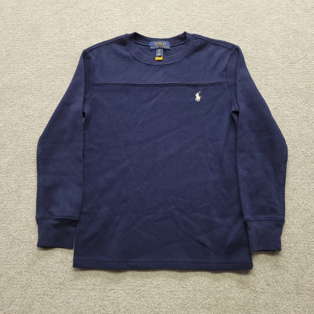 Polo Ralph Lauren Boys Size 8 Small Navy Waffle Knit Thermal Long Sleeve Shirt
